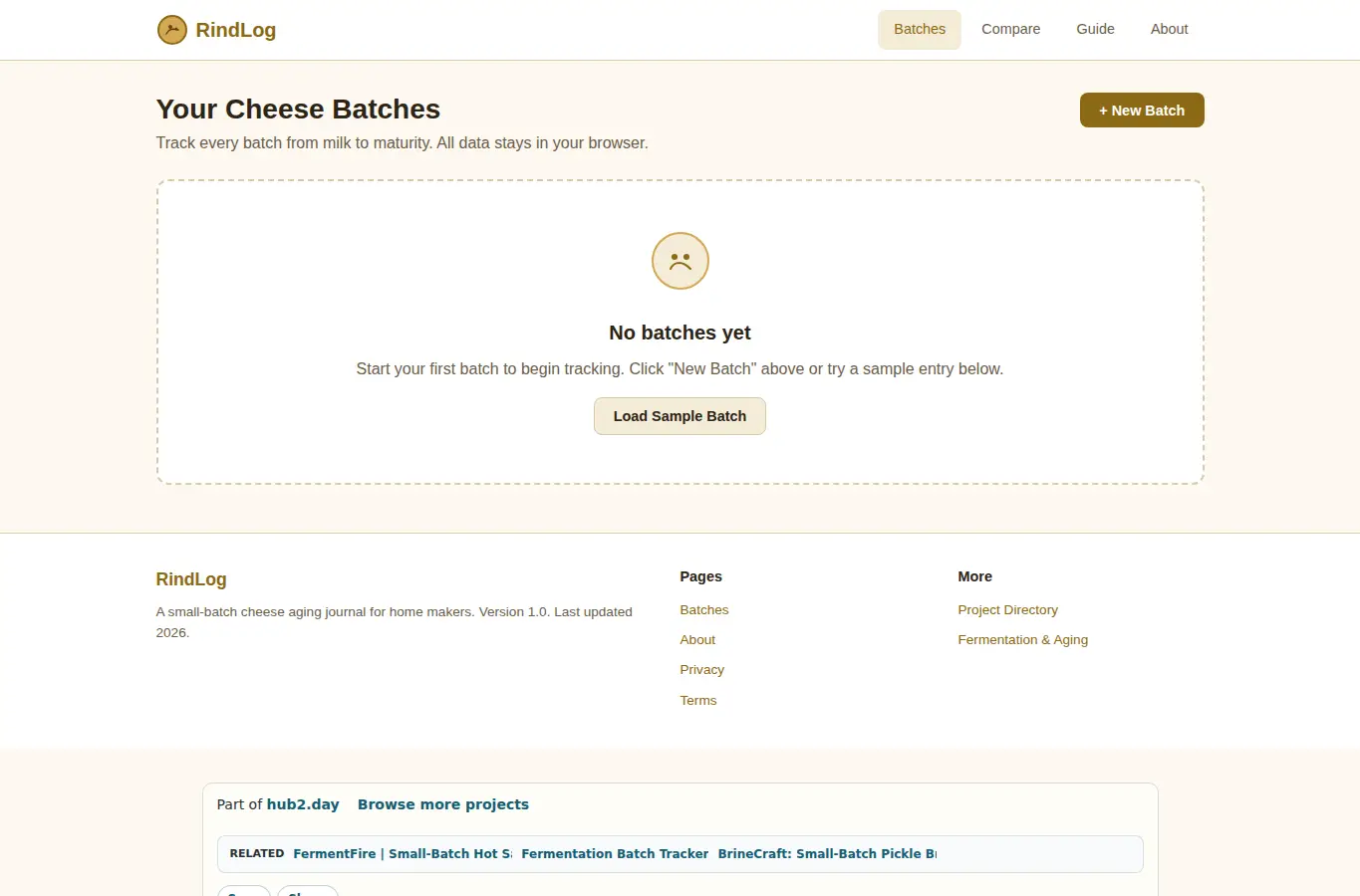 Screenshot of RindLog — Small-Batch Cheese Aging Journal interface showing the project page in use